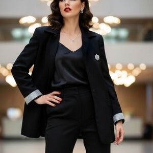 Evan-Picone Black Evening Blazer with Statement Cuffs & Rose Brooch